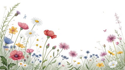 Watercolor Wildflower Border Floral Illustration, Botanical Composition, Spring Meadow, Floral Design, Nature Art. Wildflower, Botanical