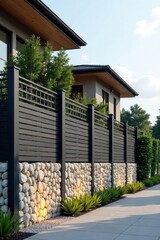 Modern residential landscape design featuring a sleek, dark fence with integrated lighting and a stone retaining wall