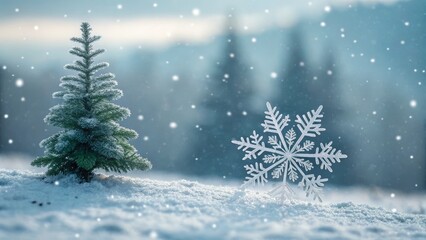 Fototapeta premium Winter Wonderland Snowy Fir Tree and Giant Snowflake, Christmas, Holiday Christmas, Winter