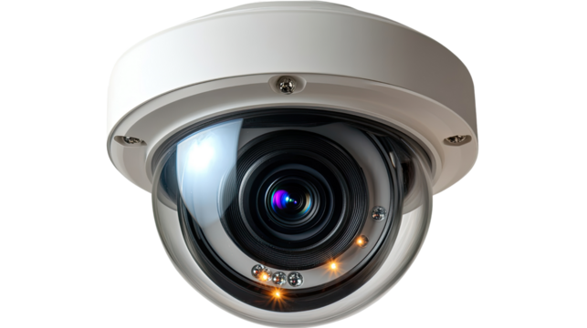 Security Dome Camera: Close-up of a high-tech security dome camera with a wide-angle lens, capturing every detail with clarity and precision.