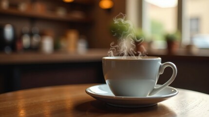 Aromatic Steam Rising from a Warm Cup of Coffee on a Wooden Table in a Cozy Cafe Setting