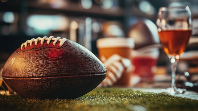 Close-up of American football on table with drinks, suggesting sports event or game party