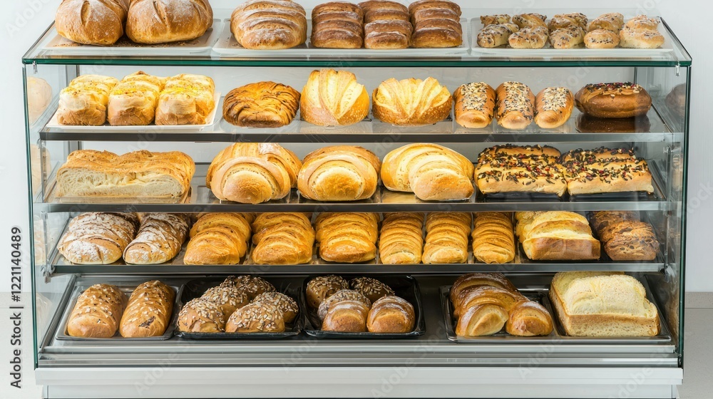 Aufkleber a glass bakery display case showcasing an array of bread and pastries.