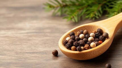 A beautifully arranged collection of colorful peppercorns in a wooden spoon, highlighting the vibrant flavors that spices can bring to various dishes and cuisines.