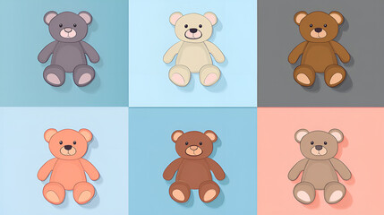 Obraz premium Colorful cartoon teddy bears arranged in a grid, playful design, cheerful atmosphere