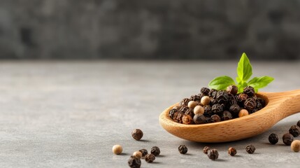 An artistic presentation of mixed peppercorns resting in a wooden spoon, portraying a blend of flavors, colors, textures and the essence of culinary diversity.