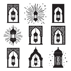 Fototapeta premium Lantern black and white silhouette illustration Islamic lantern light vector silhouette, Ramadan Islamic lanterns vector illustration Lantern Icon, Black and White, Traditional Lighting Design Islamic