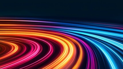 The image contains a vibrant abstract design featuring bright, glowing streaks of light in shades of orange, pink, purple, and blue.  These streaks curve and swirl together, creating a sense of motio