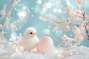 Adorable White Chick and Pink Egg in a Winter Wonderland
