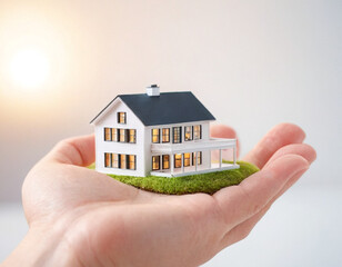 Hand hält Miniatur Haus Symbol für Hausbau und Hypothek