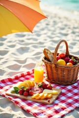 A delightful beach picnic with assorted fruits, cheeses, and cured meats, enjoyed under a vibrant beach umbrella on soft sand.