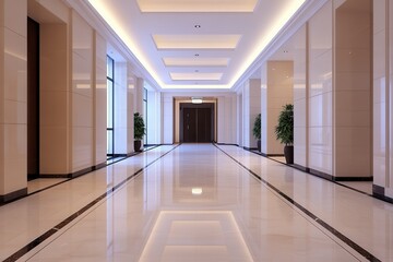 Luxury hotel interiors with exclusive lighting. Modern hallway with elegant lighting and potted plants.