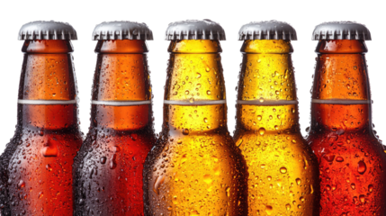 Icy Cold Beer Bottles: Five bottles of beer, condensation clinging to their surfaces, stand in a perfectly aligned row, capturing the refreshing essence of a cold beverage.  