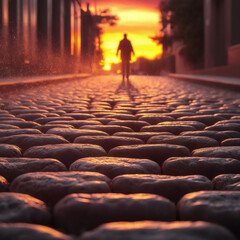 Obraz premium Scenic urban alley with glowing sunset and cobblestone path