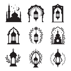 Fototapeta premium Lantern black and white silhouette illustration Islamic lantern light vector silhouette, Ramadan Islamic lanterns vector illustration Lantern Icon, Black and White, Traditional Lighting Design Islamic