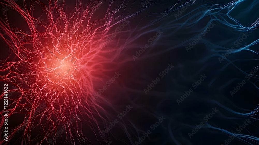 Poster an abstract image featuring a vibrant, glowing red energy field on the left, transitioning to a cool