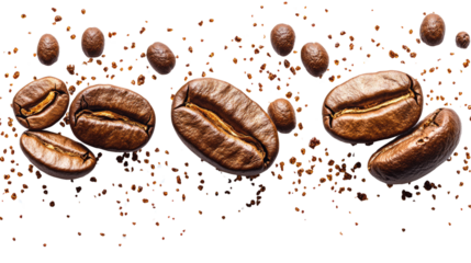 Coffee Bean Scatter: Rich, dark roasted coffee beans scattered artistically, with ground coffee adding texture and depth to this high-resolution image. Perfect for coffee shop menus, packaging.
