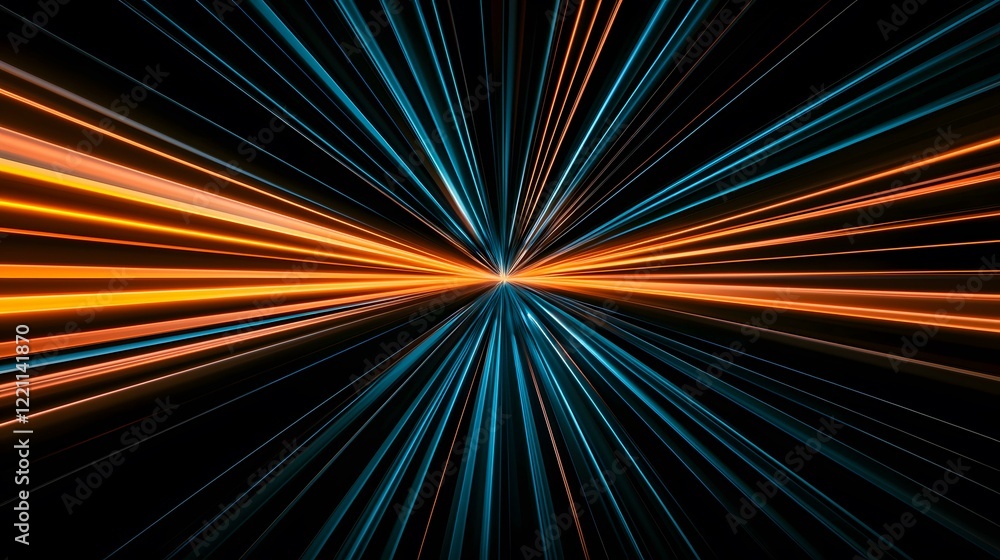 Poster the image contains a burst of teal and orange radiating lines converging at a central point against 