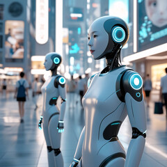 Futuristic Robots Exploring a Lantern-Lit Market Street,  Generated with AI.