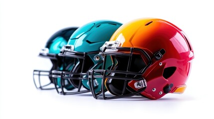 Fototapeta premium A vibrant display of football helmets in striking colors, emphasizing the spirit of competition, team identity, and the excitement that sports evoke among fans and players alike.