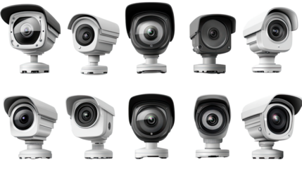 Security Camera Collection: A diverse range of ten security cameras, showcasing various designs and angles, ready to safeguard your property. Each camera captures a distinct perspective.