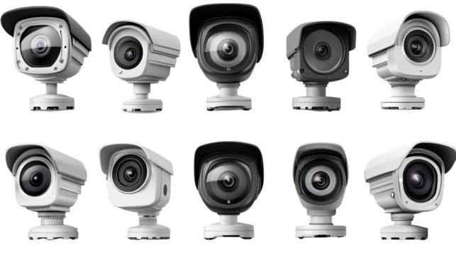 Security Camera Collection: A diverse range of ten security cameras, showcasing various designs and angles, ready to safeguard your property. Each camera captures a distinct perspective.