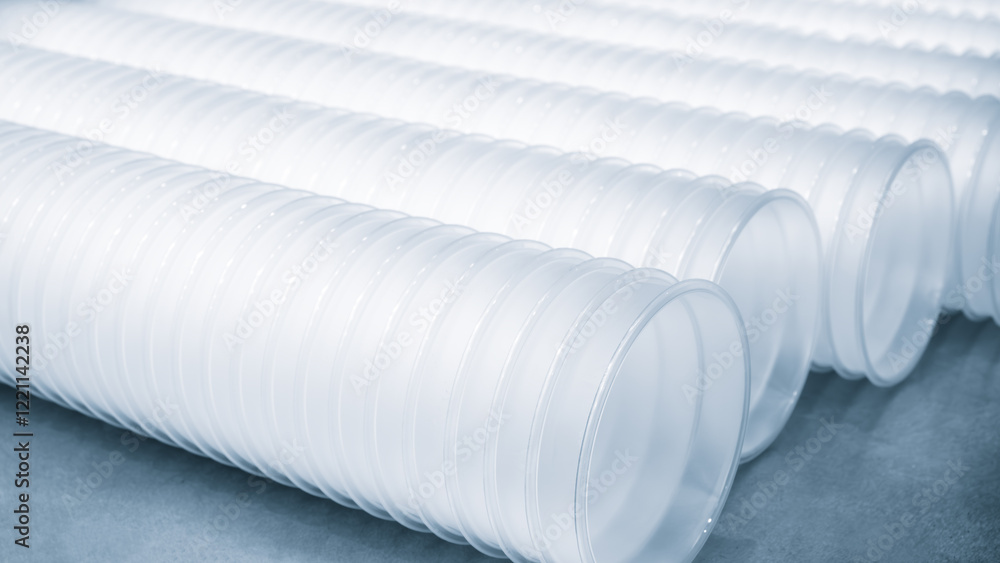 Aufkleber three rows of white plastic cups are stacked on top of each other. the cups are all the same size an
