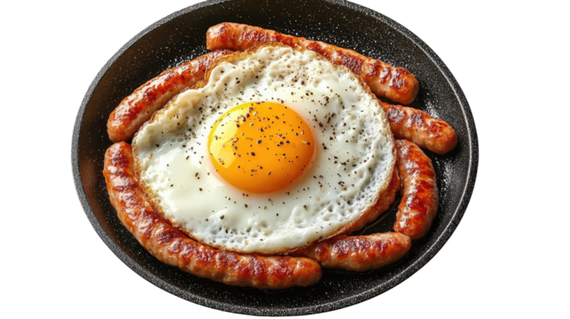 Sunny Side Up with Sausages: A perfectly fried egg with a runny yolk sits nestled amongst juicy, browned sausages in a cast iron skillet, ready to start your day. 