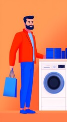 Young Man with Shopping Bags near Modern Washing Machine