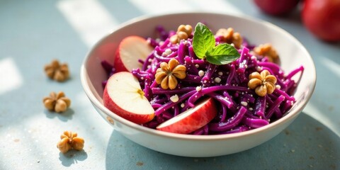 Vibrant Purple Cabbage and Apple Salad with Toasted Nuts and Fresh Herbs in a Stylish Bowl