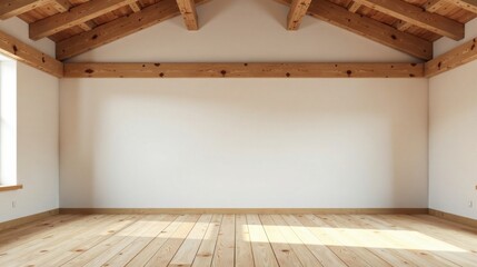 Empty room with wooden beams and hardwood floor, ready for interior design