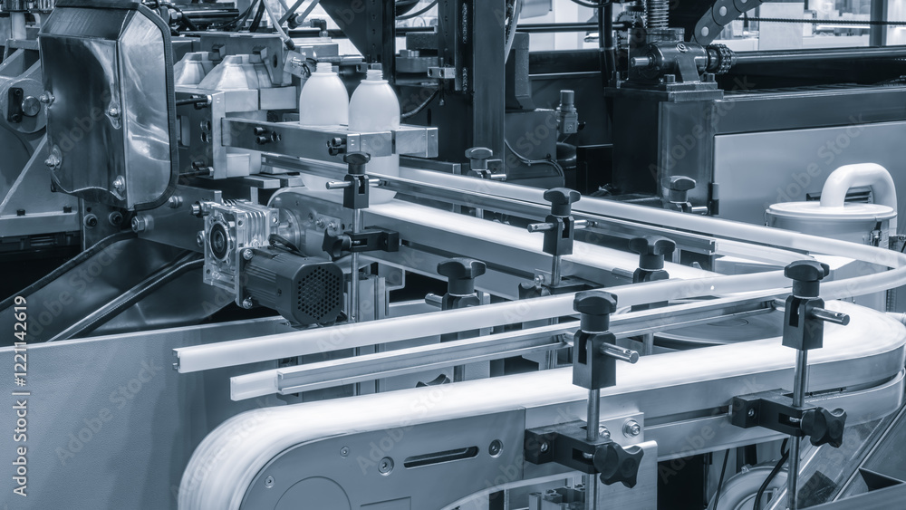 Poster a conveyor belt with a machine that is making bottles. the conveyor belt is moving and the bottles a