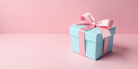 A delicately tied pale pink ribbon adorns a light blue gift box, sitting elegantly on a soft pink surface, creating a serene and celebratory atmosphere