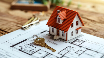 A small model house sits on architectural plans with a key on top. Concept of real estate and home ownership.