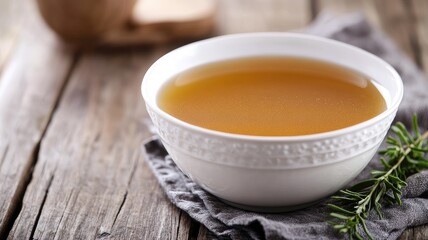 Bowl of clear broth on wooden table with fresh herbs