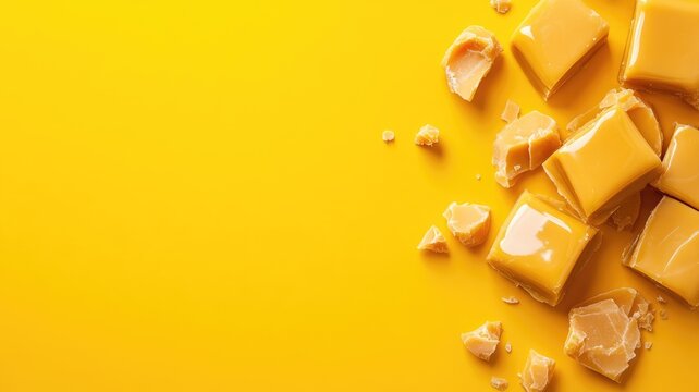 Caramel candy pieces on vibrant yellow background