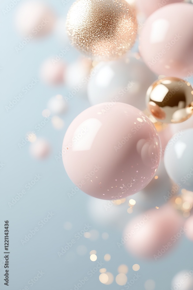 Poster glossy pink and metallic gold spheres gracefully float in a modern composition. soft glowing particl