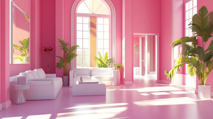 3D Rendering of a Vibrant Pink Living Room with White Furniture and Bright Sunshine