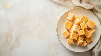 Dish of cheese cubes on marble surface