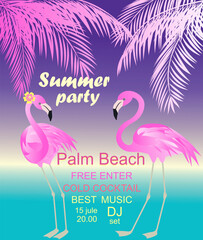 Neon poster for summer beach party invitation with coconut palm leaves and pink flamingo pair on sunset.eps