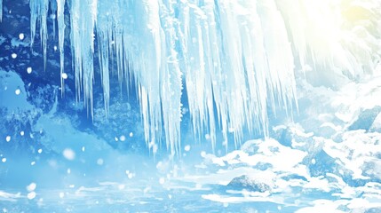 Frosty Waterfall with Icicles Under Bright Light