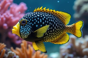 Obraz premium The clown triggerfish swimming in clear ocean, it also known as the big spotted triggerfish, is a demersal marine fish