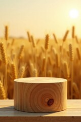 Rustic Wooden Display Platform in a Golden Wheat Field at Sunset