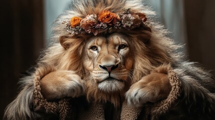 Fototapeta premium A regal lion with a floral crown and luxurious fur. This stunning portrait captures the strength and beauty of this majestic animal in an artistic, captivating style.