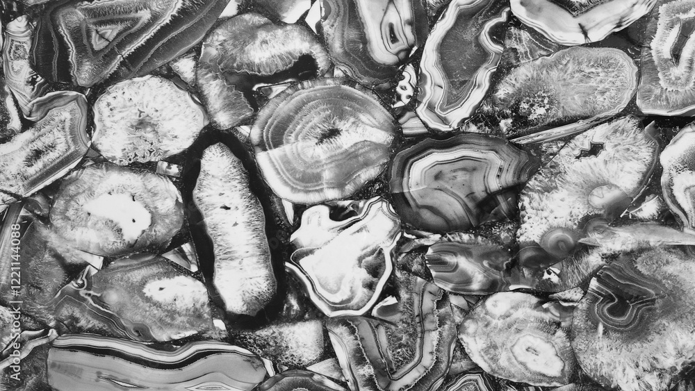 Aufkleber The image is a black and white photo of a rock formation with many different shapes and sizes. The rocks are arranged in a way that creates a sense of depth and texture. Scene is one of natural beauty