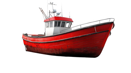 Fototapeta premium Red Fishing Boat: A rugged, weathered, red fishing boat stands out against the clear sky, showcasing the timeless allure of maritime life and the enduring spirit of those who navigate the open waters.