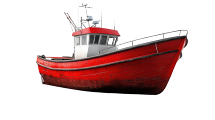 Red Fishing Boat: A rugged, weathered, red fishing boat stands out against the clear sky, showcasing the timeless allure of maritime life and the enduring spirit of those who navigate the open waters.