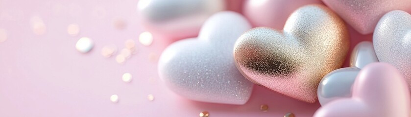 Fototapeta premium Soft pink and metallic gold heart shapes gently float against a pastel pink gradient backdrop, illuminated by a warm glow, creating a romantic and celebratory atmosphere ideal for special occasions