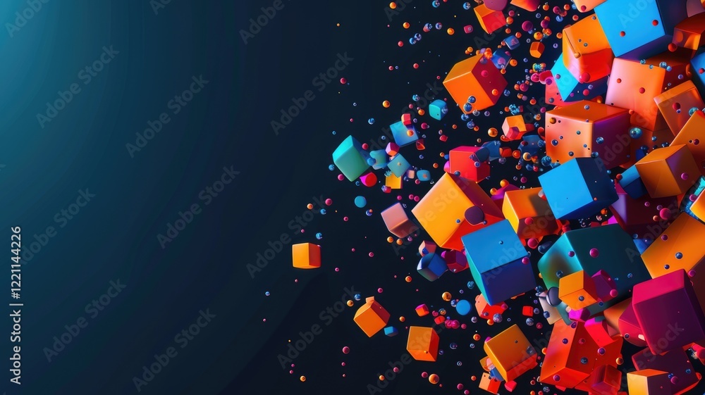 Poster Abstract image of colorful 3D geometric shape with various texture against a dark background. 3D render with vibrant lighting effects. Futuristic digital art concept for design and print. AIG53.