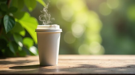 A steaming cup of coffee sits on a wooden table outdoors, surrounded by lush greenery and bathed in sunlight